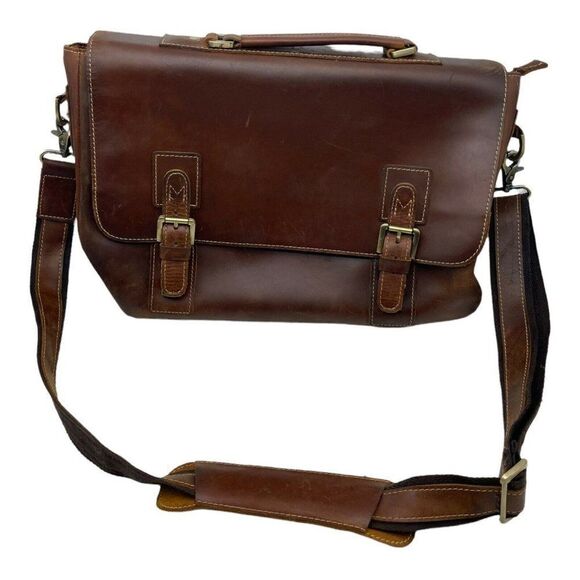 Brown Leather Flap Top Messenger Computer Shoulder Bag Distressed Unbranded - Picture 2 of 12